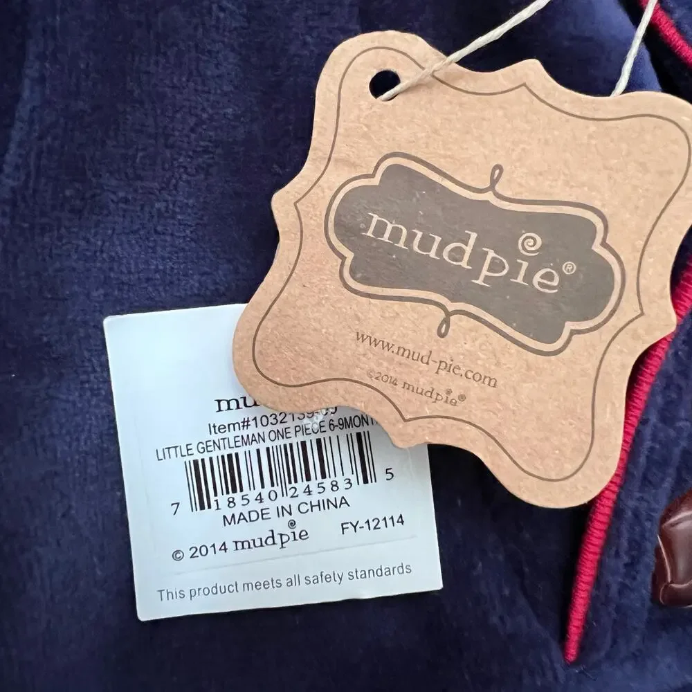 Mud Pie One Piece Baby Boys 6-9M Navy Velour Romper Plaid Patch Shawl Collar New